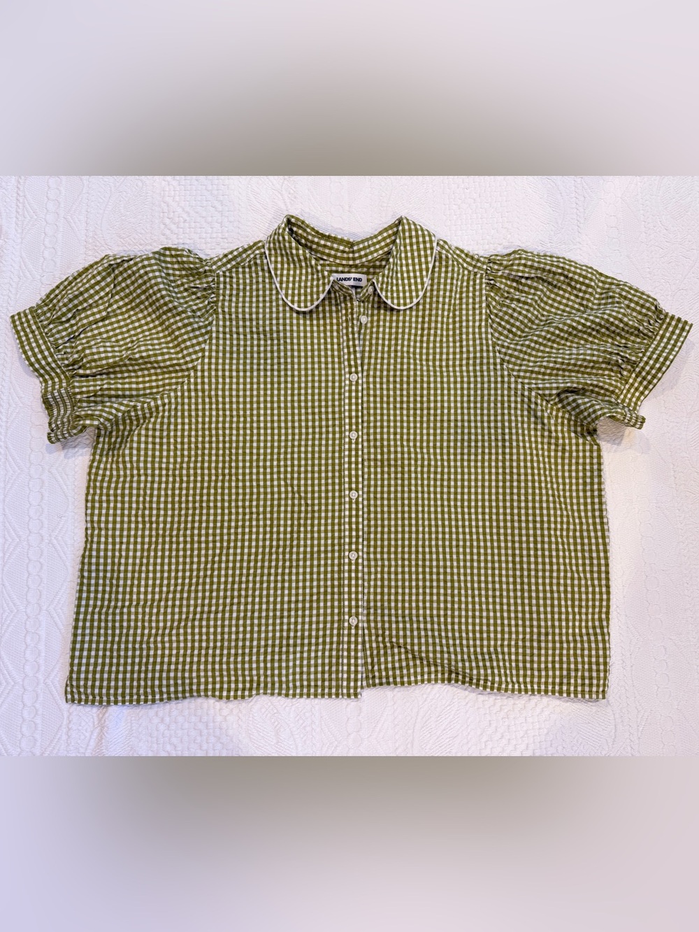 Lands End Peter Pan Collar Green White Gingham Check Short Sleeve Shirt Women 3X